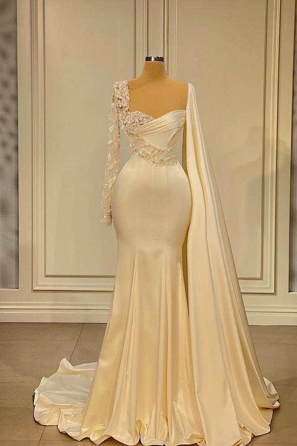 Long Sleeves Mermaid Evening Gowns Beadings With Ruffle - Fashionpara