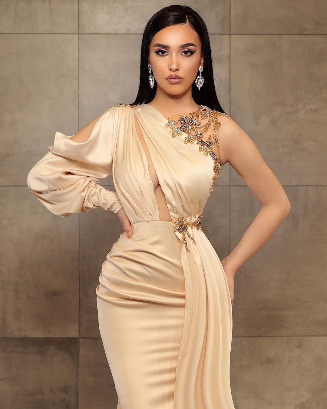 Long Sleeves Mermaid Evening Prom Dress One Shoulder - Fashionpara