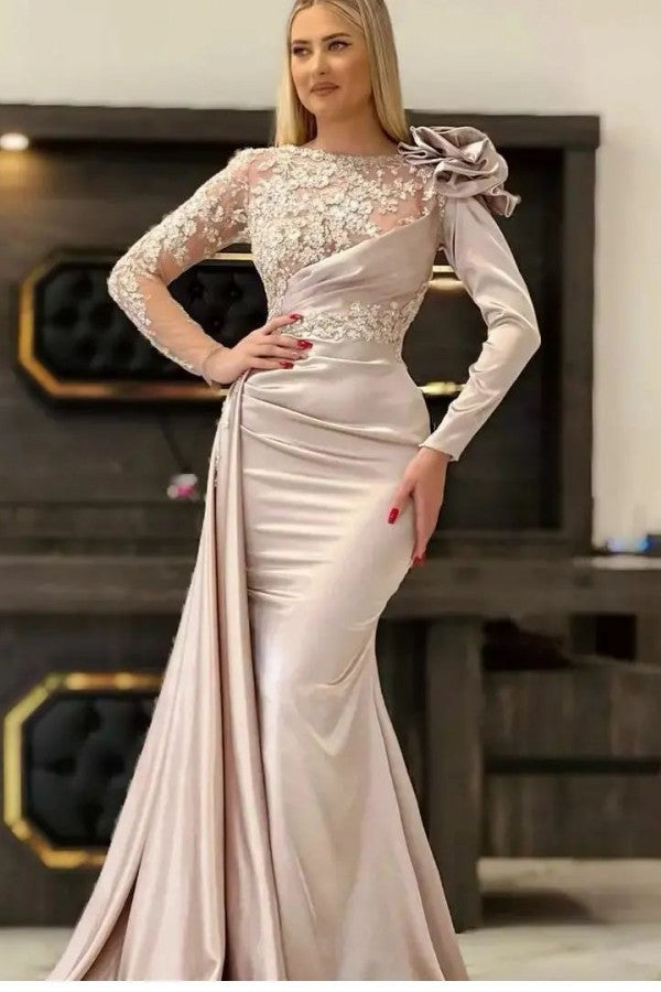 Long Sleeves Mermaid Prom Dress Appliques Long With Ruffles - Fashionpara