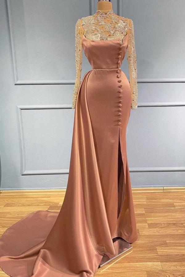 Long Sleeves Mermaid Prom Dress Appliques With Slit - Fashionpara