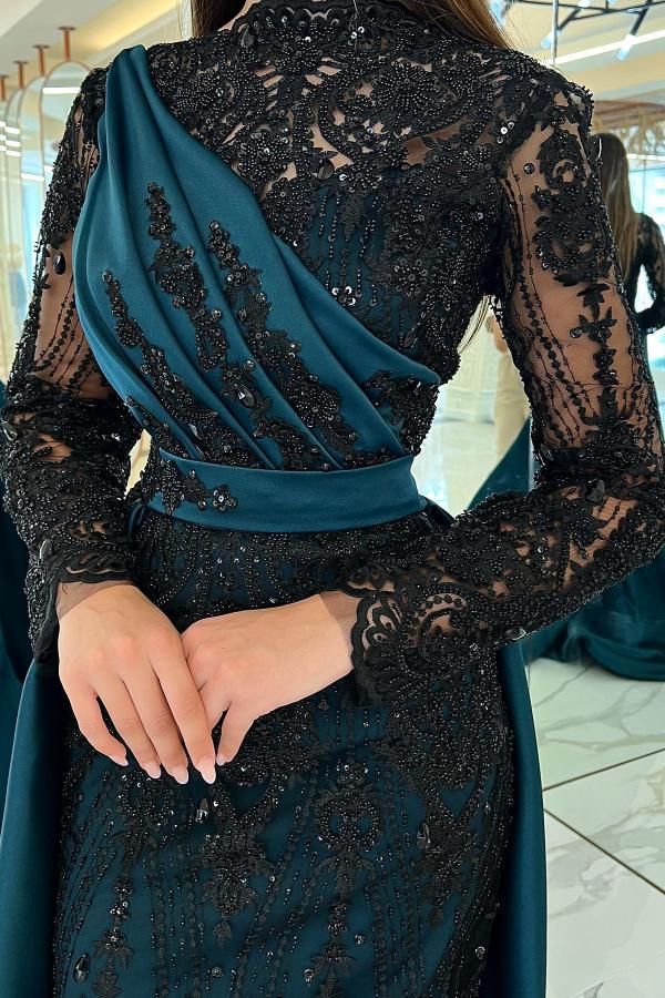Long Sleeves Mermaid Prom Dress Overskirt With Appliques Beads - Fashionpara