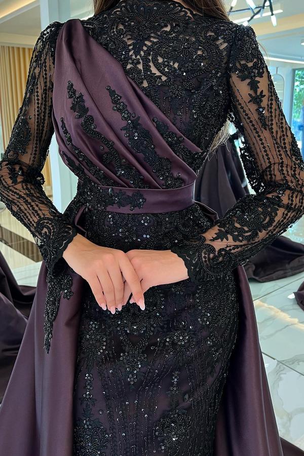 Long Sleeves Mermaid Prom Dress Overskirt With Appliques Beads - Fashionpara