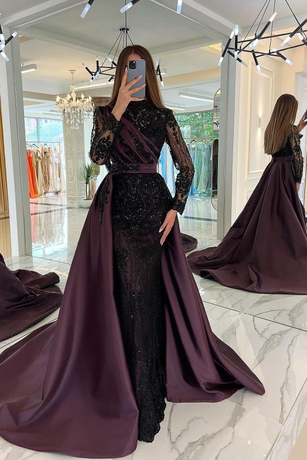 Long Sleeves Mermaid Prom Dress Overskirt With Appliques Beads - Fashionpara