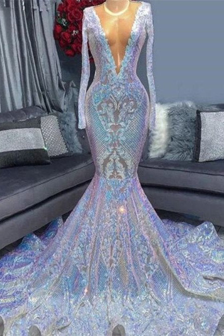 Long Sleeves Mermaid Prom Dress V-Neck Sequins - Fashionpara