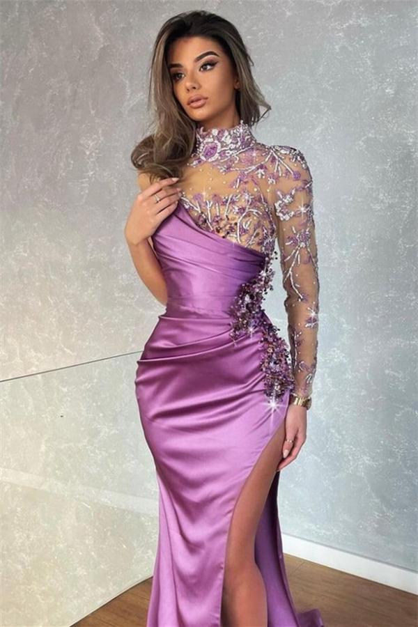 Long Sleeves Mermaid Split Prom Dress With Beadings - Fashionpara