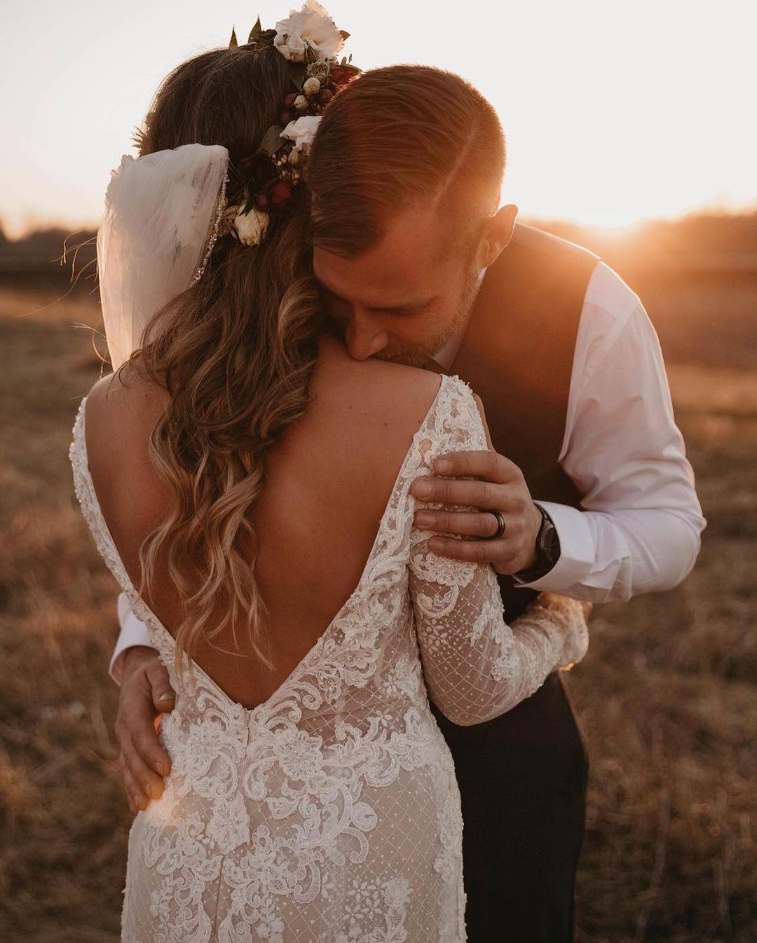 Long Sleeves Mermaid Wedding Dress Boho Lace Bridal Gowns - Fashionpara