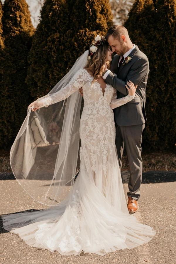 Long Sleeves Mermaid Wedding Dress Boho Lace Bridal Gowns - Fashionpara