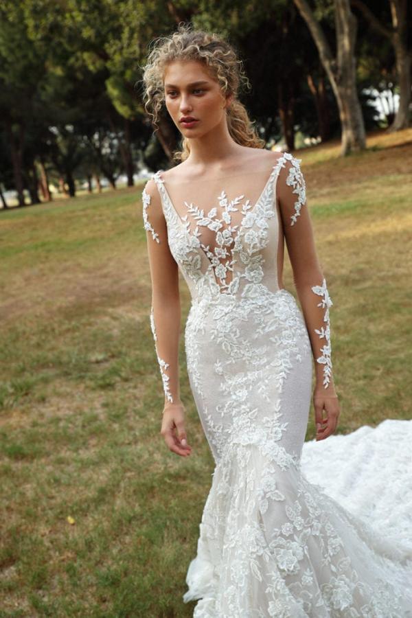 Long Sleeves Mermaid Wedding Dress Lace Applqiues Bridal Wear - Fashionpara