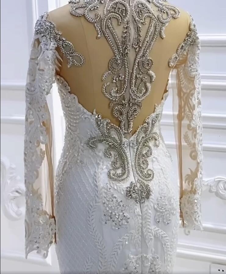 Long Sleeves Mermaid Wedding Dress Lace Bridal Gowns With Crystal - Fashionpara