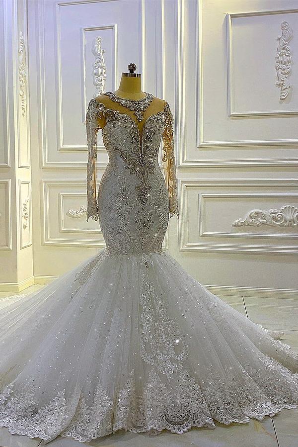 Long Sleeves Mermaid Wedding Dress Lace Bridal Gowns With Crystal - Fashionpara