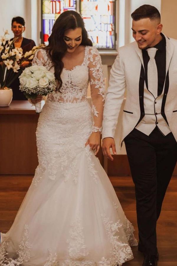 Long Sleeves Mermaid Wedding Dress Lace - Fashionpara