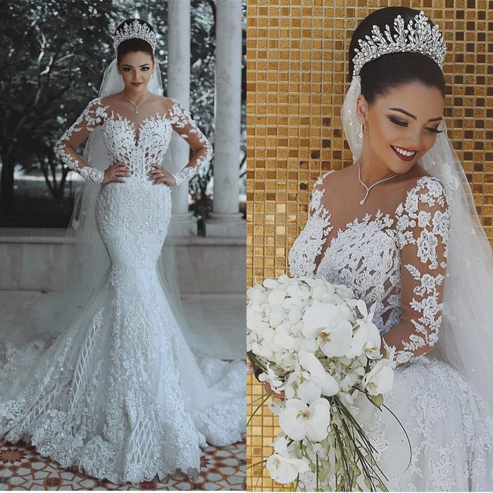 Long Sleeves Mermaid Wedding Dress With Lace Appliques - Fashionpara