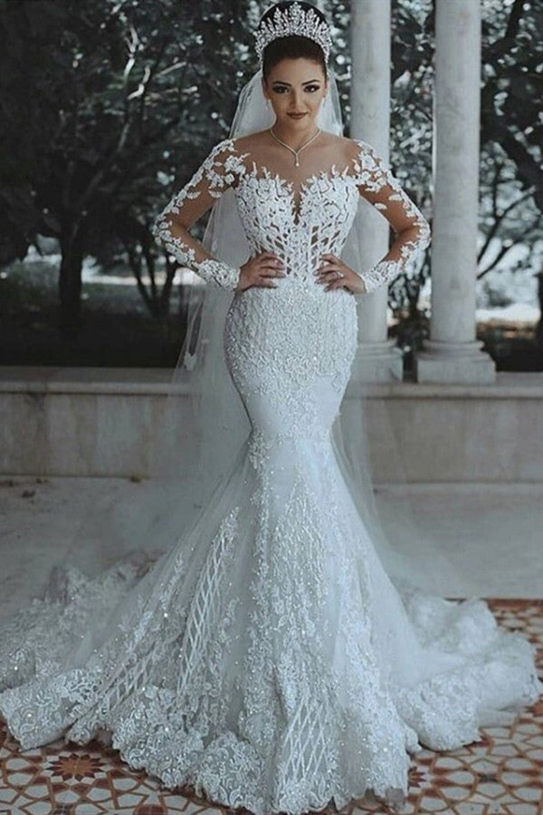 Long Sleeves Mermaid Wedding Dress With Lace Appliques - Fashionpara