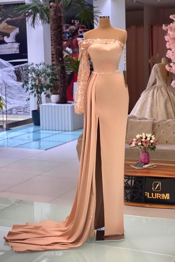 Long Sleeves Off-the-Shoulder Evening Dresses Mermaid Slit Long - Fashionpara