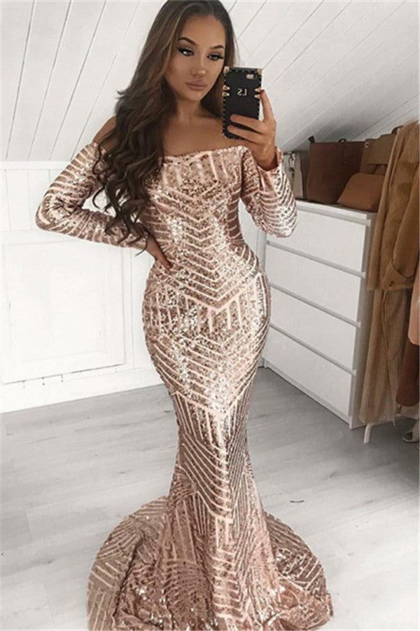 Long Sleeves Off-the-Shoulder Sequins Prom Dress Mermaid Evening Party Gown - Fashionpara