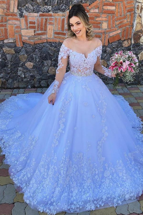 Long Sleeves Off-the-Shoulder Wedding Dress Long With Appliques - Fashionpara