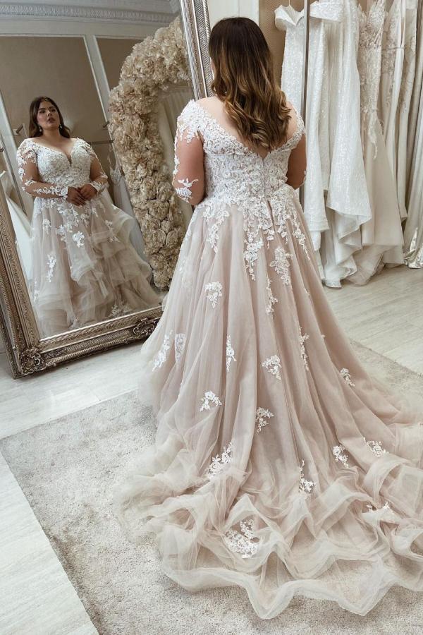 Long Sleeves Plus Size Wedding Dress Tulle With Lace - Fashionpara