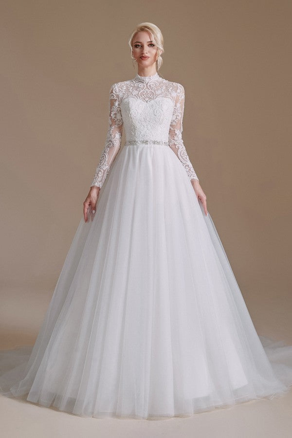 Long Sleeves Princess Lace Wedding Dress Tulle Bridal Gowns - Fashionpara