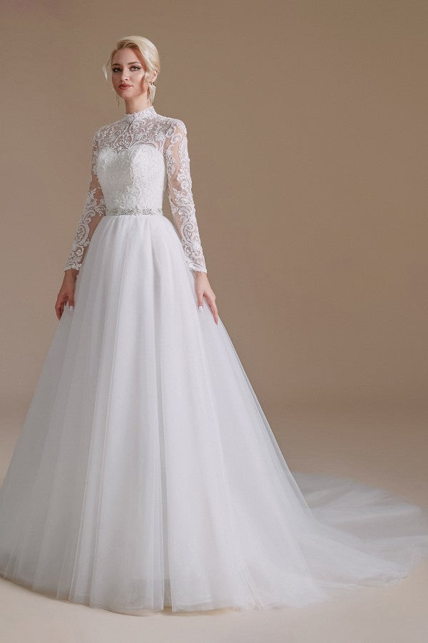 Long Sleeves Princess Lace Wedding Dress Tulle Bridal Gowns - Fashionpara