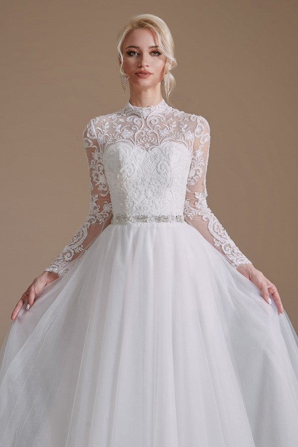 Long Sleeves Princess Lace Wedding Dress Tulle Bridal Gowns - Fashionpara
