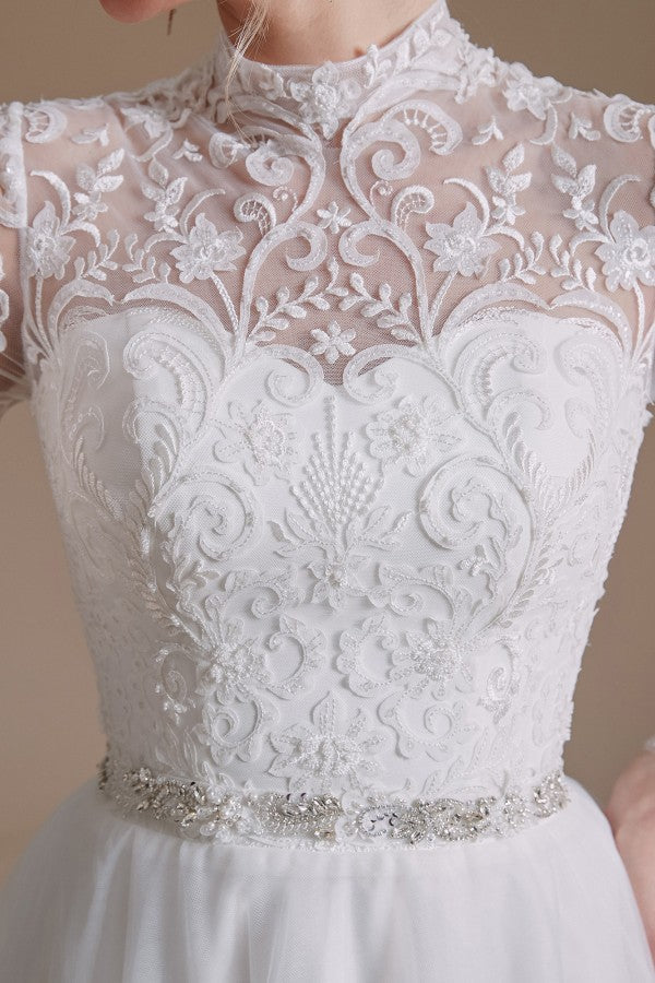 Long Sleeves Princess Lace Wedding Dress Tulle Bridal Gowns - Fashionpara