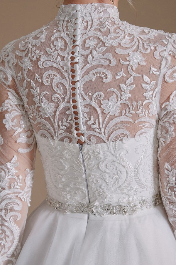 Long Sleeves Princess Lace Wedding Dress Tulle Bridal Gowns - Fashionpara