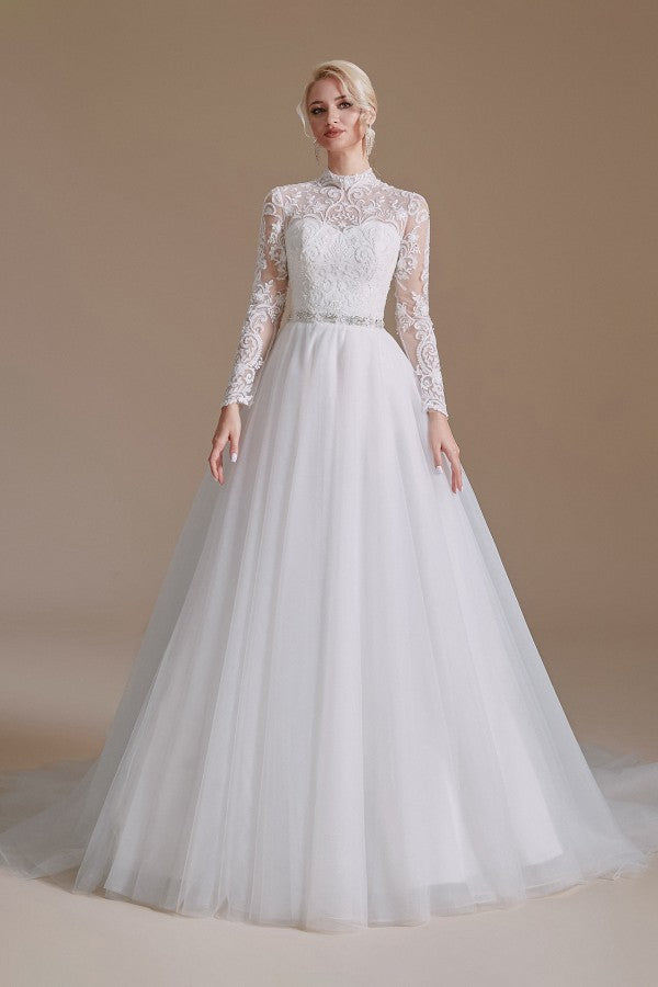 Long Sleeves Princess Lace Wedding Dress Tulle Bridal Gowns - Fashionpara