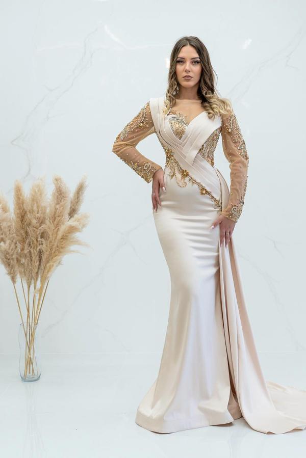 Long Sleeves Prom Dress Mermaid Beadings With Ruffle - Fashionpara