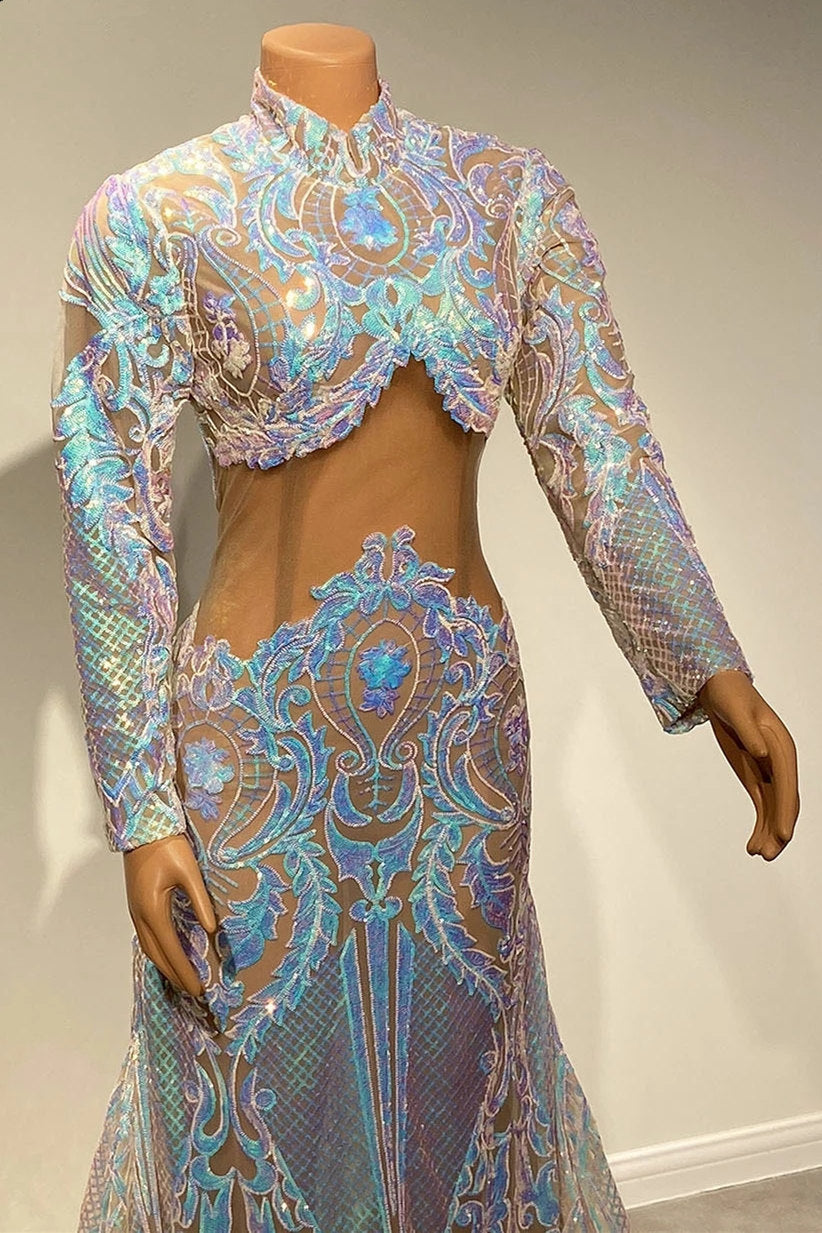 Long Sleeves Prom Dress Mermaid Sequins - Fashionpara
