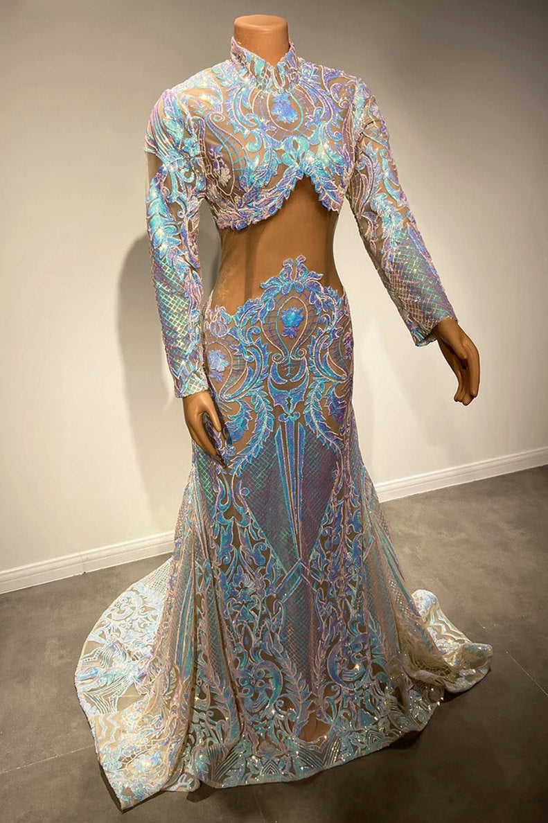 Long Sleeves Prom Dress Mermaid Sequins - Fashionpara