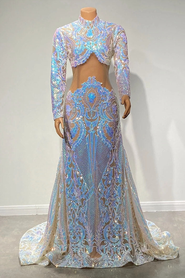 Long Sleeves Prom Dress Mermaid Sequins - Fashionpara