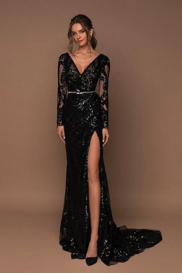 Long Sleeves Prom Dress Mermaid With Sequins V-Neck - Fashionpara