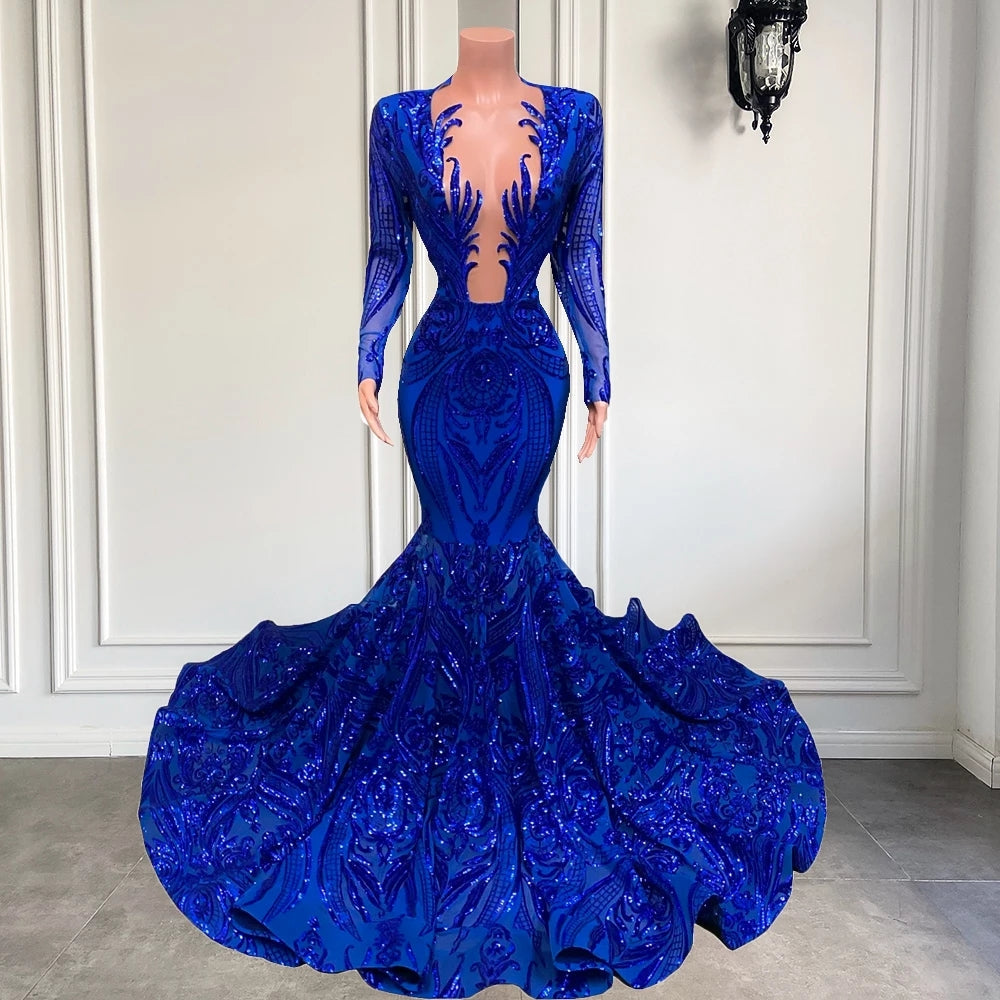 Long Sleeves Royal Blue Prom Dress Mermaid Sequins V-Neck - Fashionpara