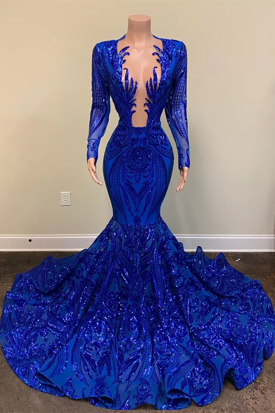 Long Sleeves Royal Blue Prom Dress Mermaid Sequins V-Neck - Fashionpara