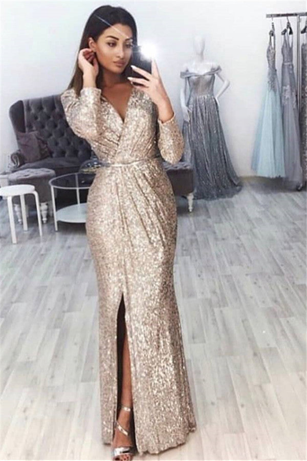 Long Sleeves Sequins Prom Dress Long With Split - Fashionpara