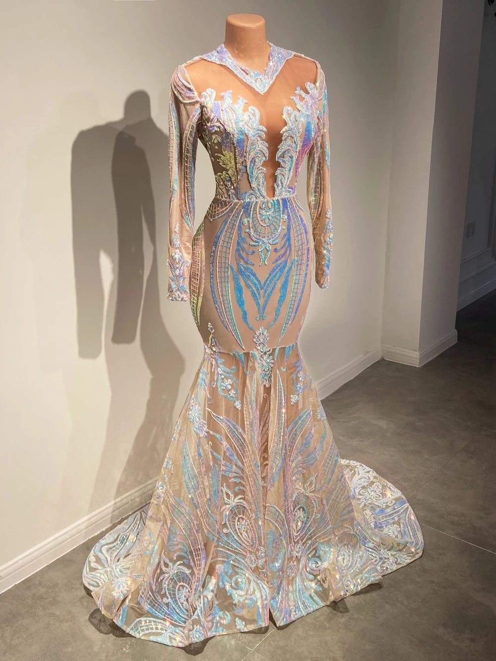 Long Sleeves Sequins Prom Dress Mermaid - Fashionpara