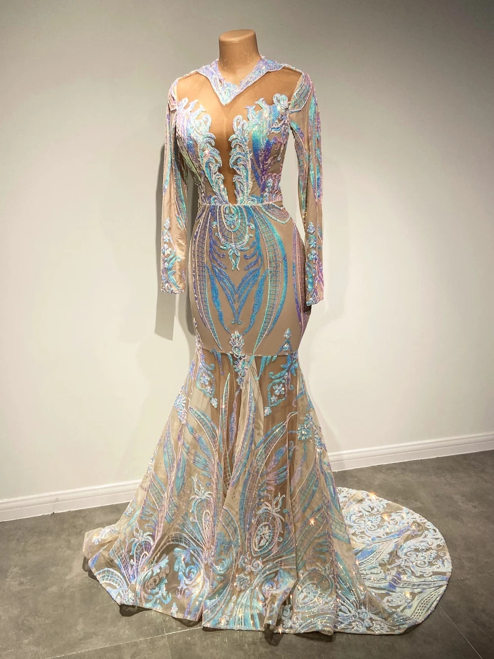 Long Sleeves Sequins Prom Dress Mermaid - Fashionpara
