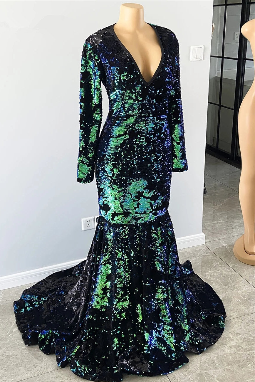 Long Sleeves Velvet Prom Dress Green V-Neck - Fashionpara