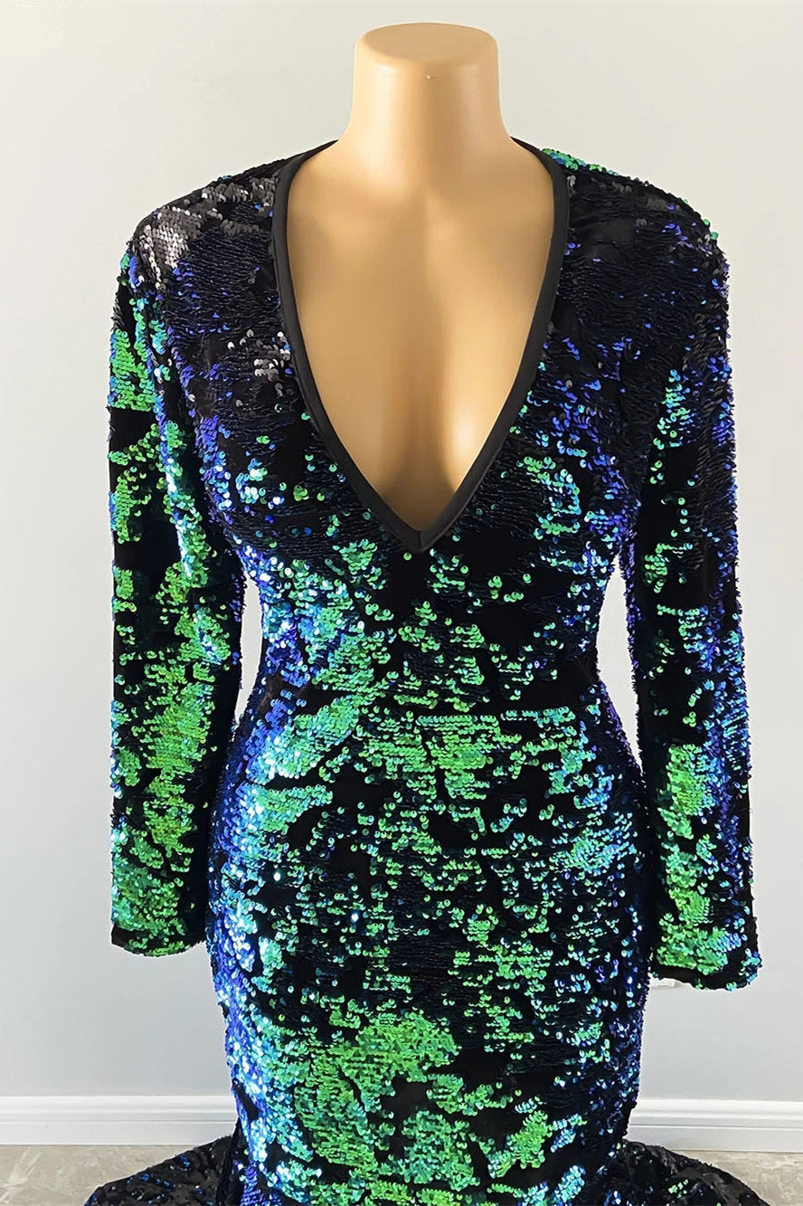 Long Sleeves Velvet Prom Dress Green V-Neck - Fashionpara