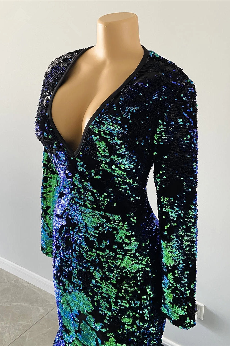 Long Sleeves Velvet Prom Dress Green V-Neck - Fashionpara