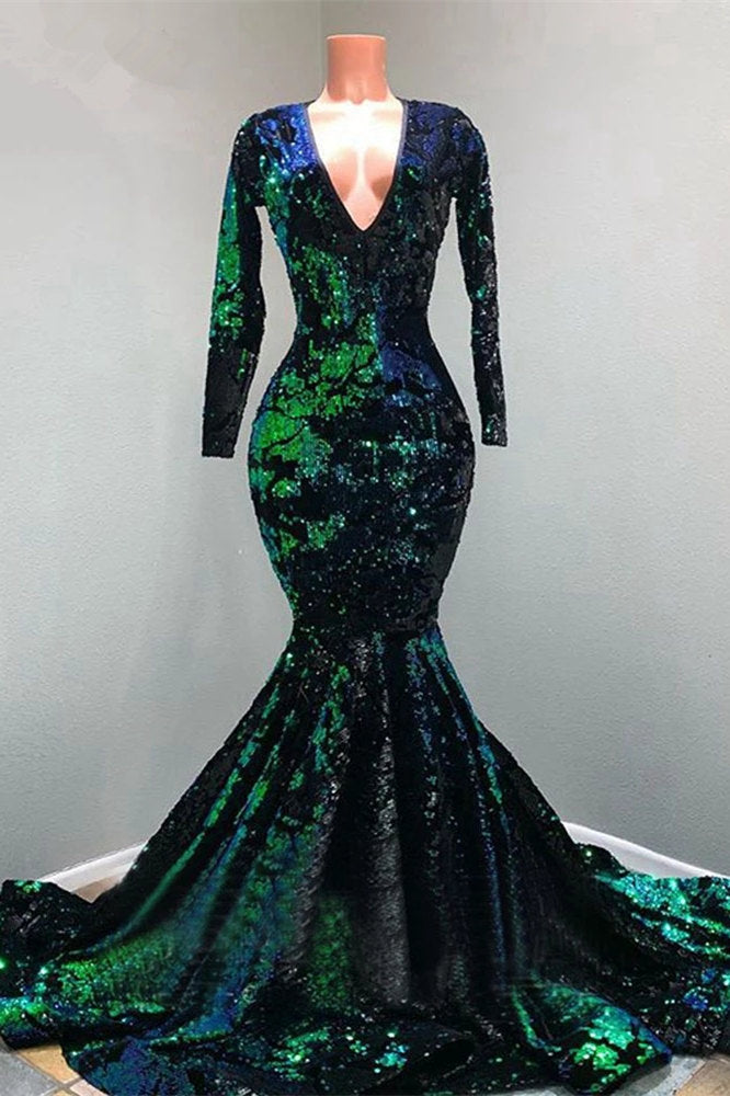 Long Sleeves Velvet Prom Dress Green V-Neck - Fashionpara