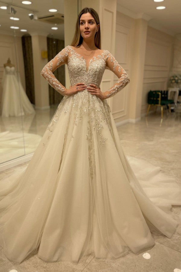 Long Sleeves Wedding Dress Lace Appliques A-Line - Fashionpara