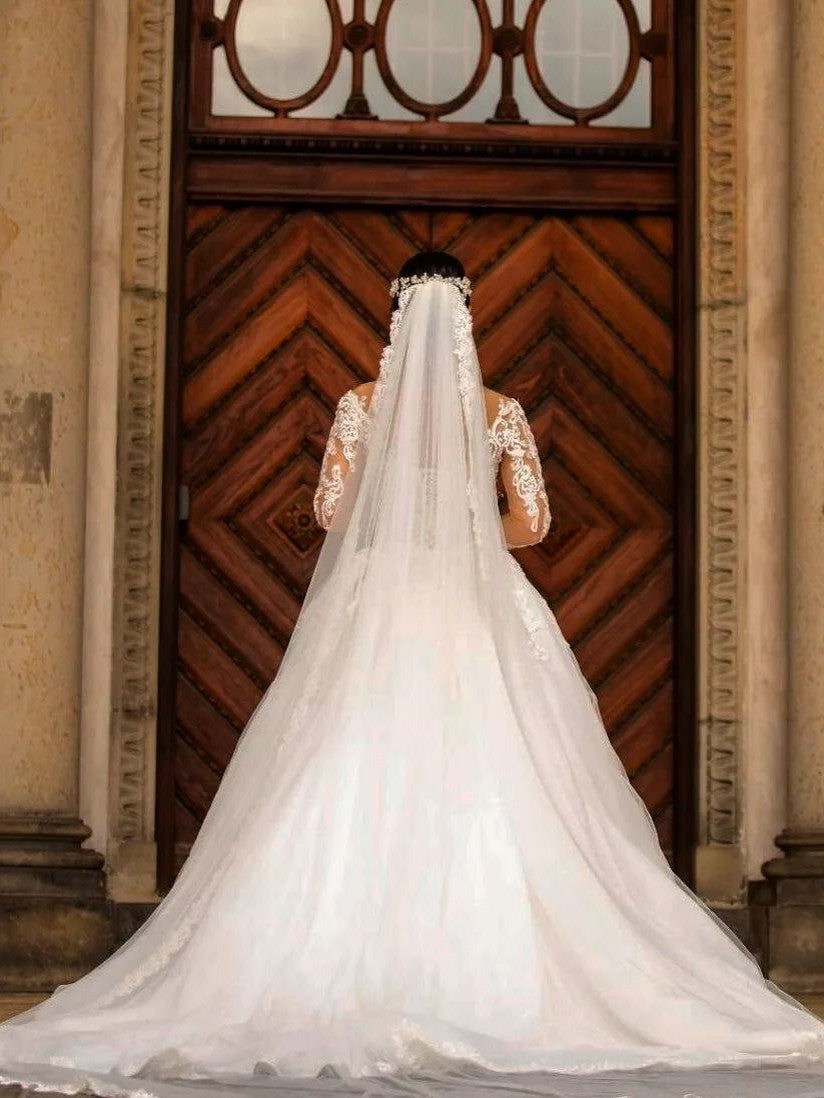 Long Sleeves Wedding Dress Mermaid Lace Overskirt - Fashionpara