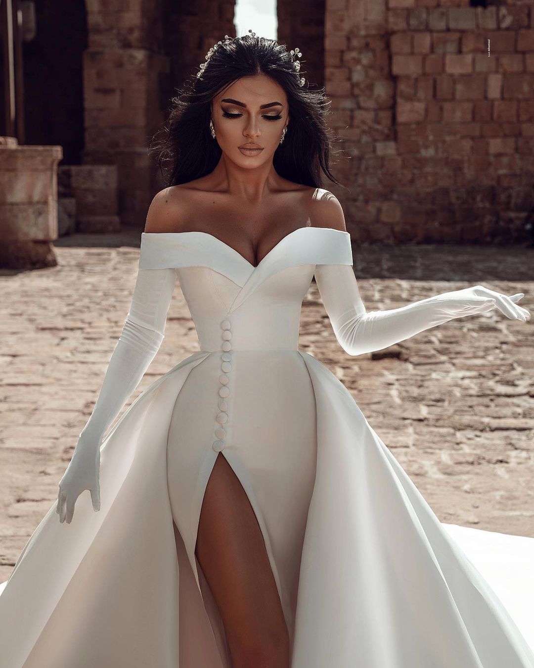 Long Sleeves Wedding Dress Off-the-Shoulder With Slit - Fashionpara