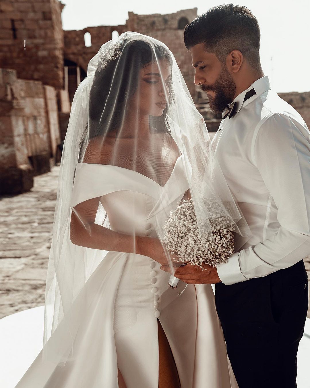 Long Sleeves Wedding Dress Off-the-Shoulder With Slit - Fashionpara