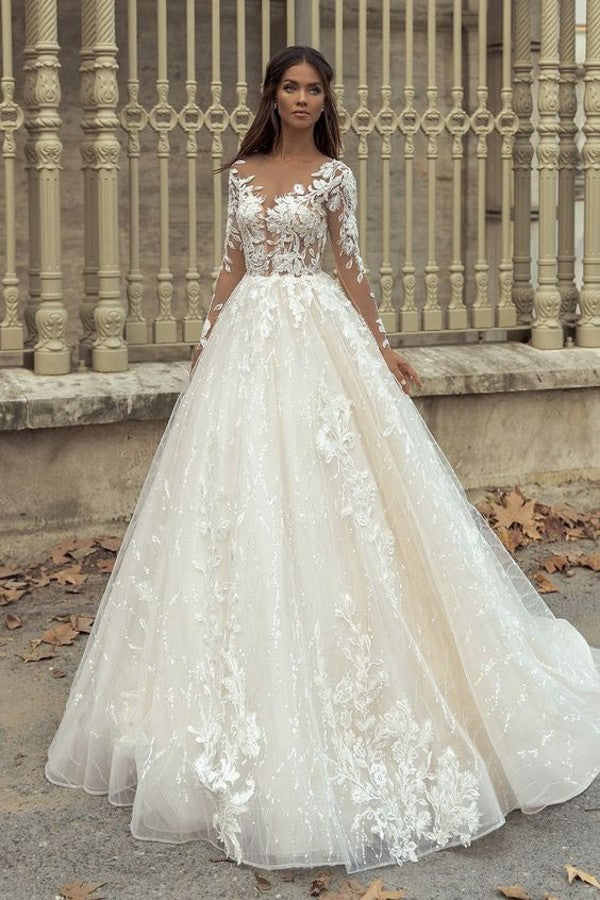 Long Sleeves Wedding Dress Princess With Lace Appliques - Fashionpara