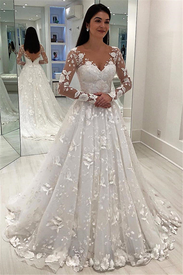 Long Sleeves Wedding Dress With Lace Appliques Princess Bridal Gowns - Fashionpara