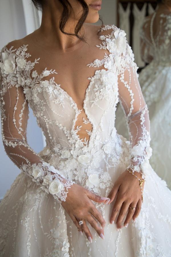 Long Sleeves Wedding Dresses Princess With Flowers Appliques - Fashionpara