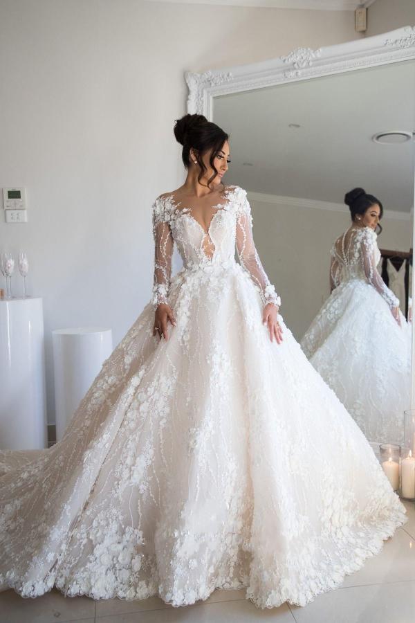 Long Sleeves Wedding Dresses Princess With Flowers Appliques - Fashionpara