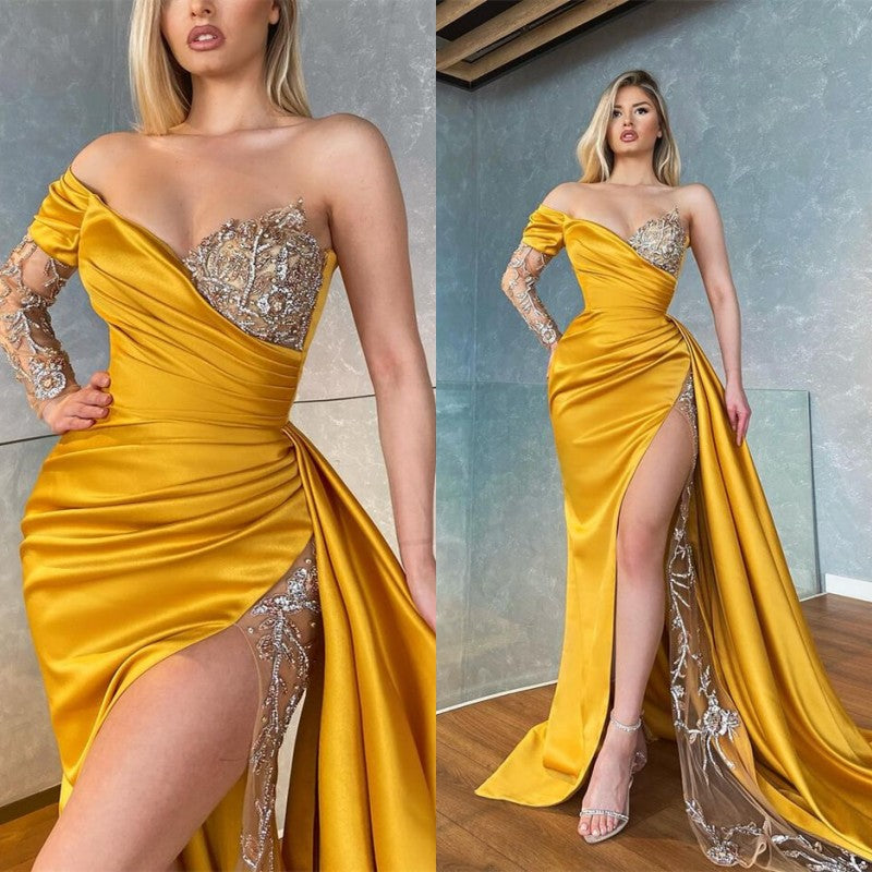 Long Sleeves Yellow Prom Dress Mermaid Split With Sequins Beads - Fashionpara